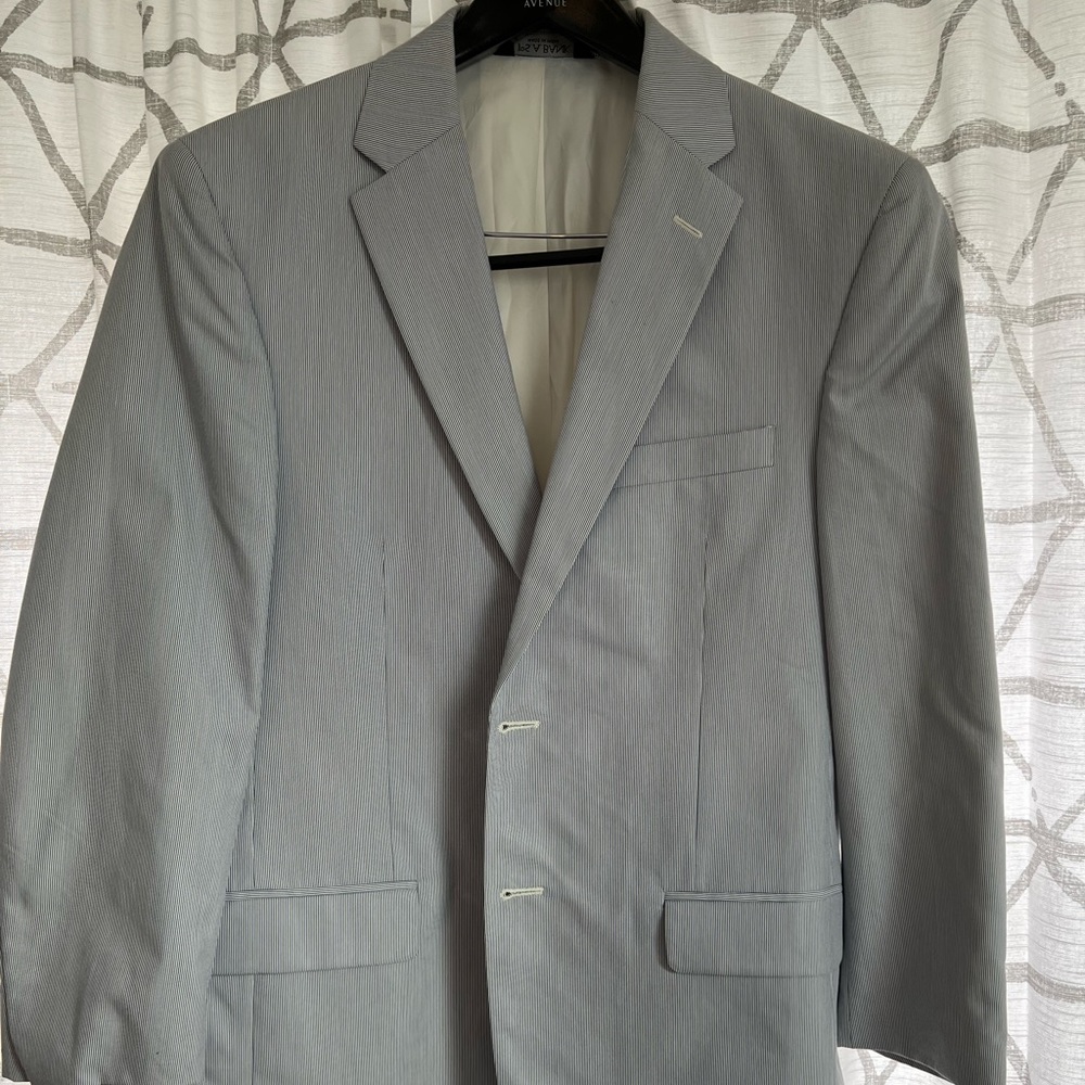 Jos A Bank blue and white seersucker blazer